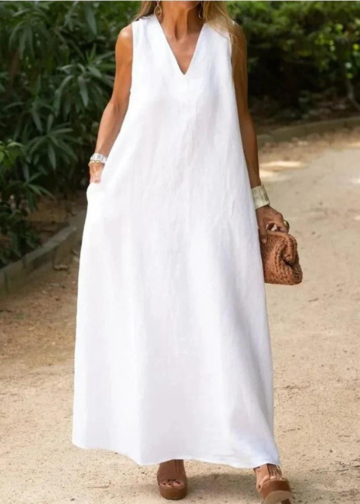 Bohemian Weißes A-Linien-Kleid aus Baumwolle mit V-Ausschnitt, ärmellos TL013