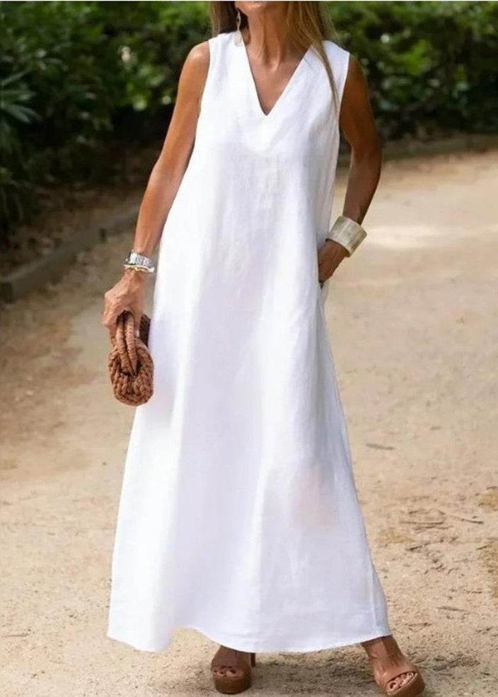Bohemian Weißes A-Linien-Kleid aus Baumwolle mit V-Ausschnitt, ärmellos TL013