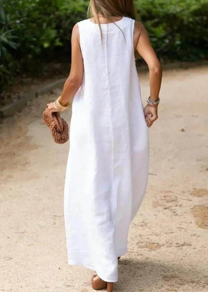 Bohemian Weißes A-Linien-Kleid aus Baumwolle mit V-Ausschnitt, ärmellos TL013