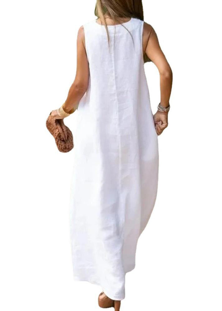 Bohemian Weißes A-Linien-Kleid aus Baumwolle mit V-Ausschnitt, ärmellos TL013