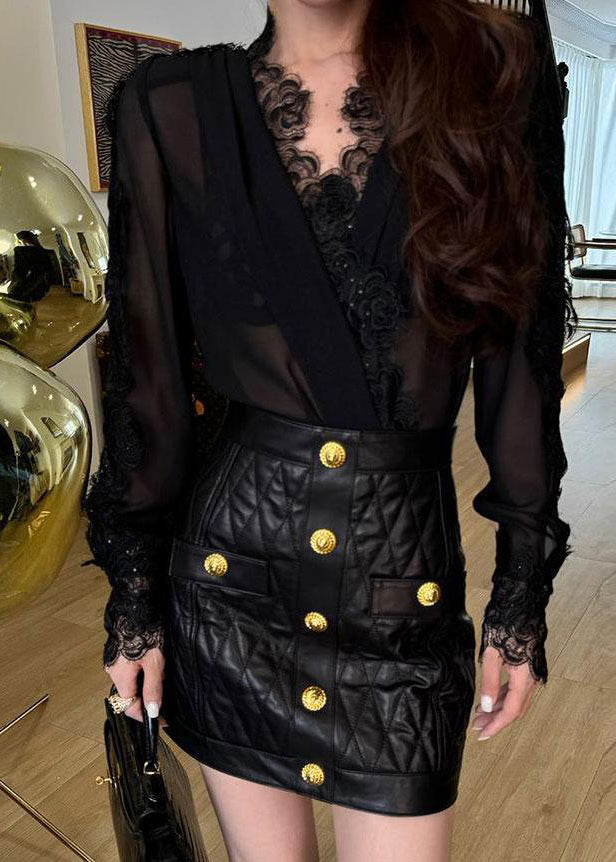 Bohemian Weiß V-Ausschnitt Spitze Patchwork Chiffon Shirt Herbst RK026