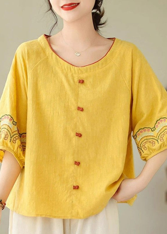 Bohemian Halbarm Shirt Bestickt Gelb