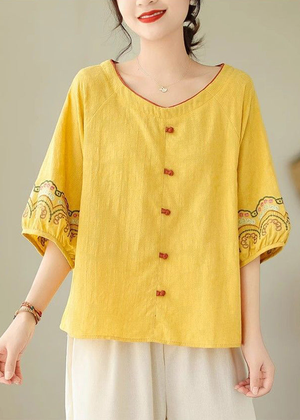 Bohemian Halbarm Shirt Bestickt Gelb