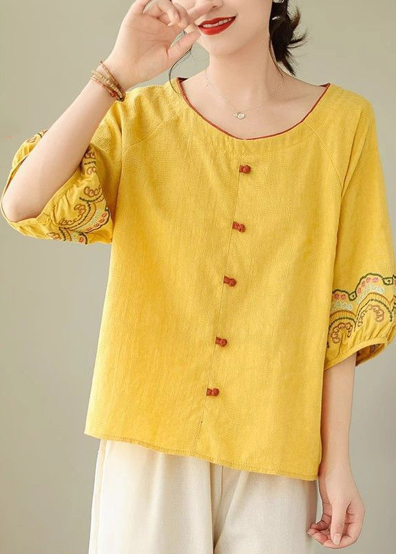 Bohemian Halbarm Shirt Bestickt Gelb