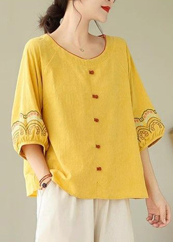 Bohemian Halbarm Shirt Bestickt Gelb