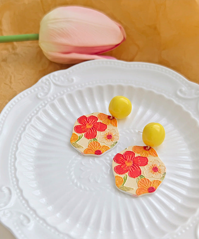 Glaze Drop Silver Bohemian Earrings Yellow Floral Srerling