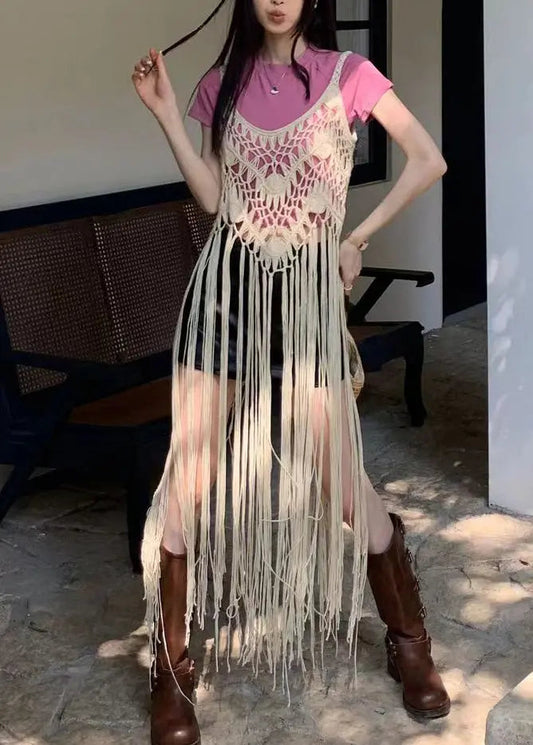 Boho Apricot Tasseled Hollow Out Spaghetti Strap Dresses Summer HA1005 Ada Fashion