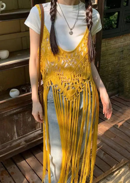 Boho Apricot Tasseled Hollow Out Spaghetti Strap Dresses Summer HA1005 Ada Fashion