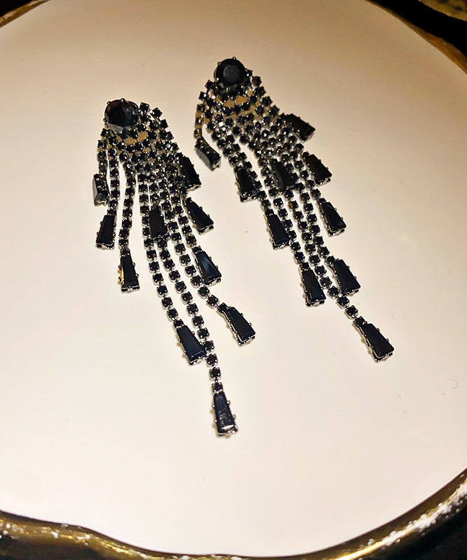 Boho Black Copper Zircon Tassel Drop Earrings QZ016