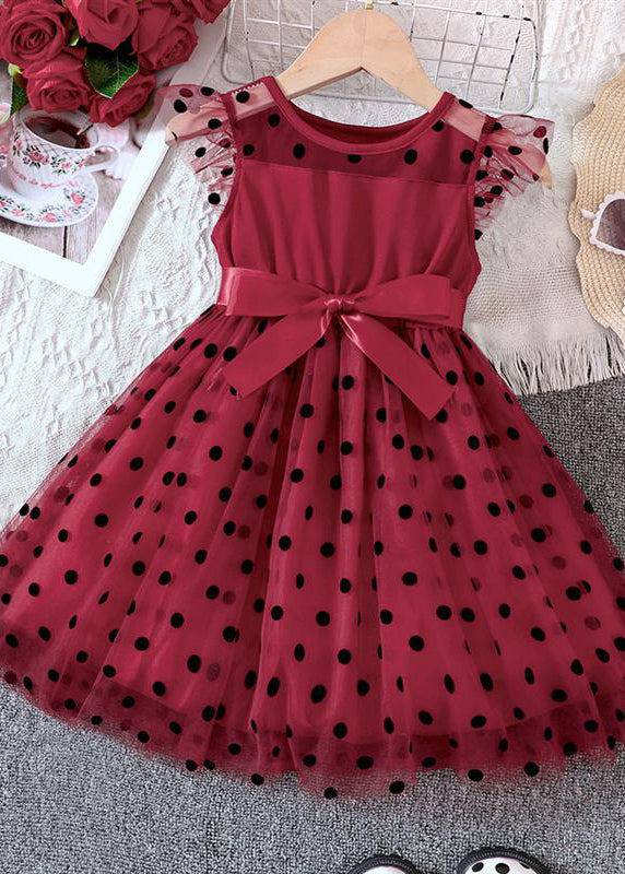 Boho Black Dot Patchwork Tie Waist Tulle Girls Mid Dresses Summer EW015