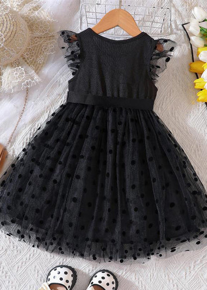 Boho Black Dot Patchwork Tie Waist Tulle Girls Mid Dresses Summer EW015