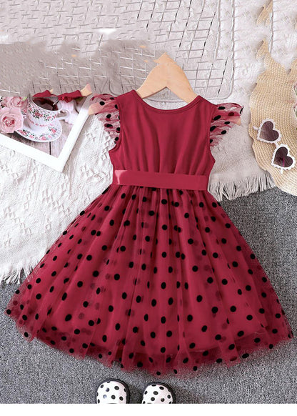 Boho Black Dot Patchwork Tie Waist Tulle Girls Mid Dresses Summer EW015