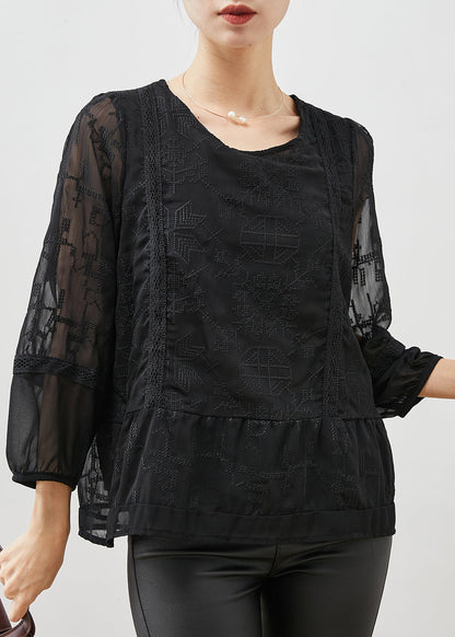 Boho Black Embroidered Tulle Blouse Top Bracelet Sleeve YU1058