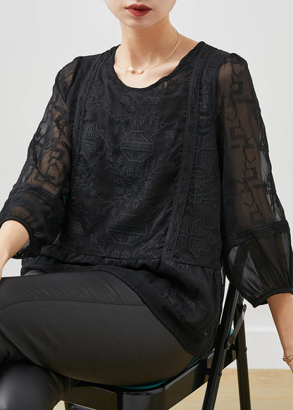 Boho Black Embroidered Tulle Blouse Top Bracelet Sleeve YU1058