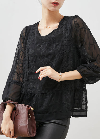 Boho Black Embroidered Tulle Blouse Top Bracelet Sleeve YU1058