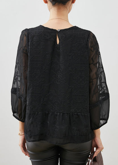 Boho Black Embroidered Tulle Blouse Top Bracelet Sleeve YU1058