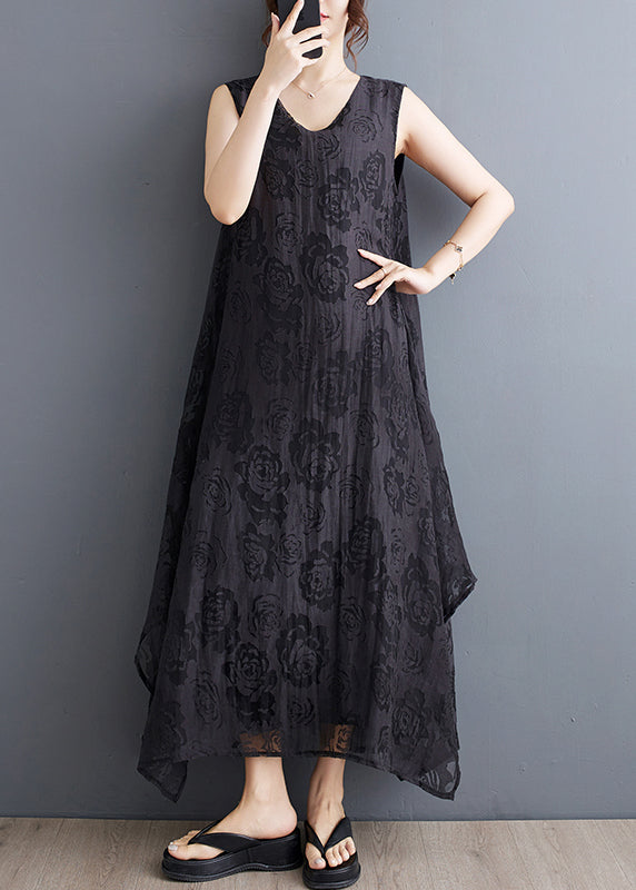 Boho Black O-Neck Asymmetrical Hollow Out Floral Holiday Lace Maxi Dress Summer UU027