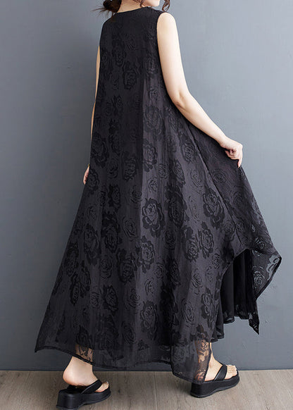 Boho Black O-Neck Asymmetrical Hollow Out Floral Holiday Lace Maxi Dress Summer UU027