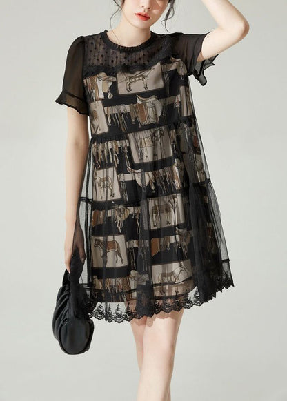 Boho Black O-Neck Patchwork Tulle Mid Dress Summer XX007