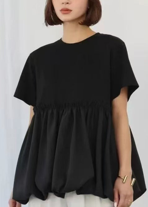 Patchwork Cotton Tops Boho Summer Ruffled Black