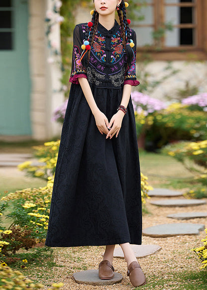 Boho Black Stand Collar Embroidered Cotton Two Pieces Set Summer WW1007