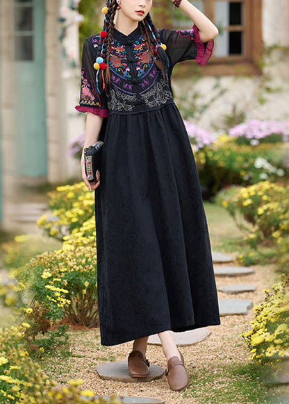 Boho Black Stand Collar Embroidered Cotton Two Pieces Set Summer WW1007