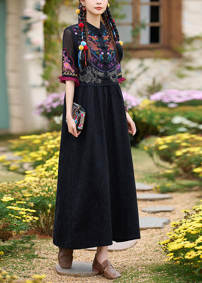 Boho Black Stand Collar Embroidered Cotton Two Pieces Set Summer WW1007