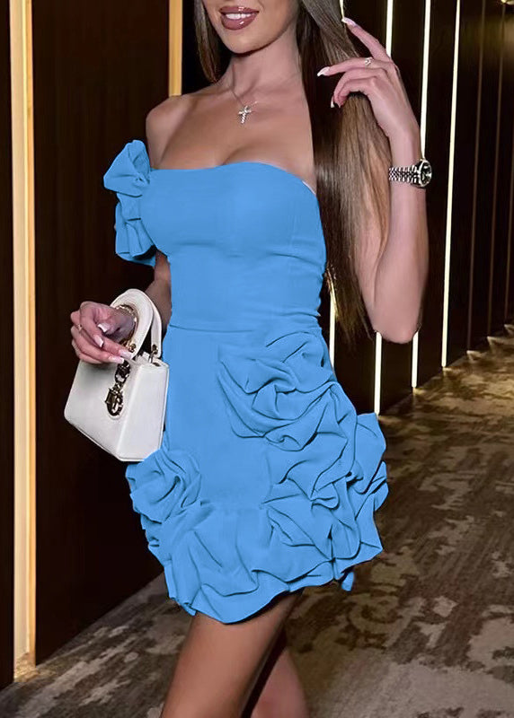 Robe d'été bleue sans bretelles style bohème dos nu