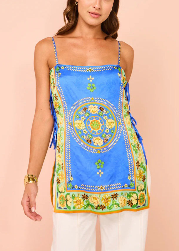 Boho Blaues Spaghettiträger-Tanktop aus Seide mit Schnürung und Print, ärmellos FF081