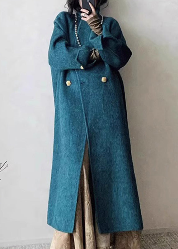 Boho Blue Notched Button Woolen Maxi Coats Winter RP006