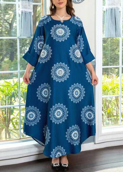 Boho Blue O Neck Print Cotton Maxi Dresses Summer AA1050