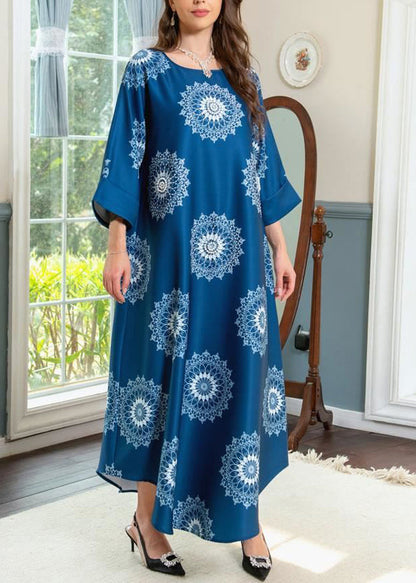 Boho Blue O Neck Print Cotton Maxi Dresses Summer AA1050