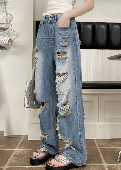 Boho Blue Pockets Patchwork Hole Denim Pants Fall QB039