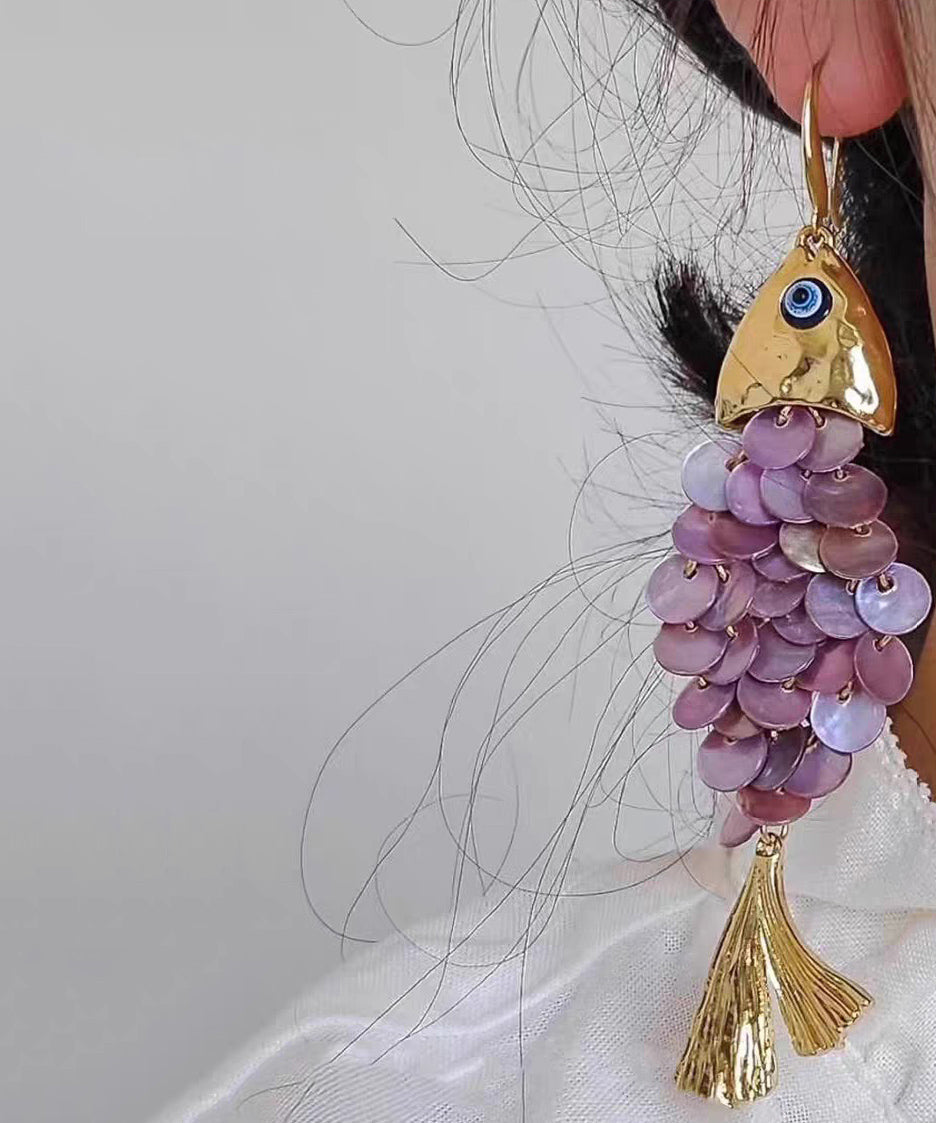 Blue Tassel Fish Weave Drop Earrings Boho Small Shell