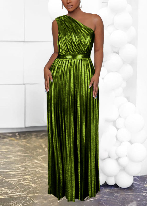 Robe de soirée plissée style bohème marron à une épaule et ceinture, été TL015
