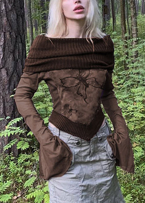 Shirts Patchwork T Sleeve Print Boho Knit Brown Flare