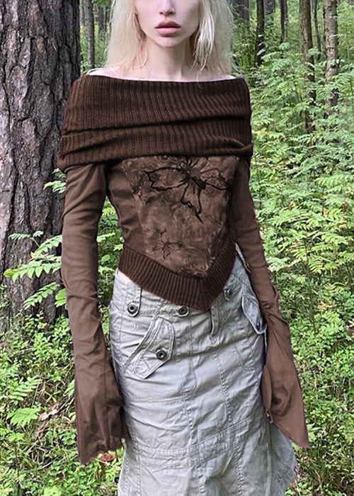 Shirts Patchwork T Sleeve Print Boho Knit Brown Flare