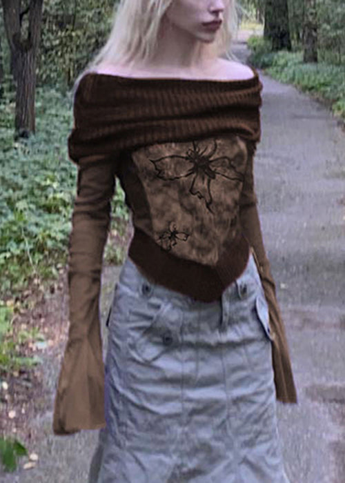 Shirts Patchwork T Sleeve Print Boho Knit Brown Flare