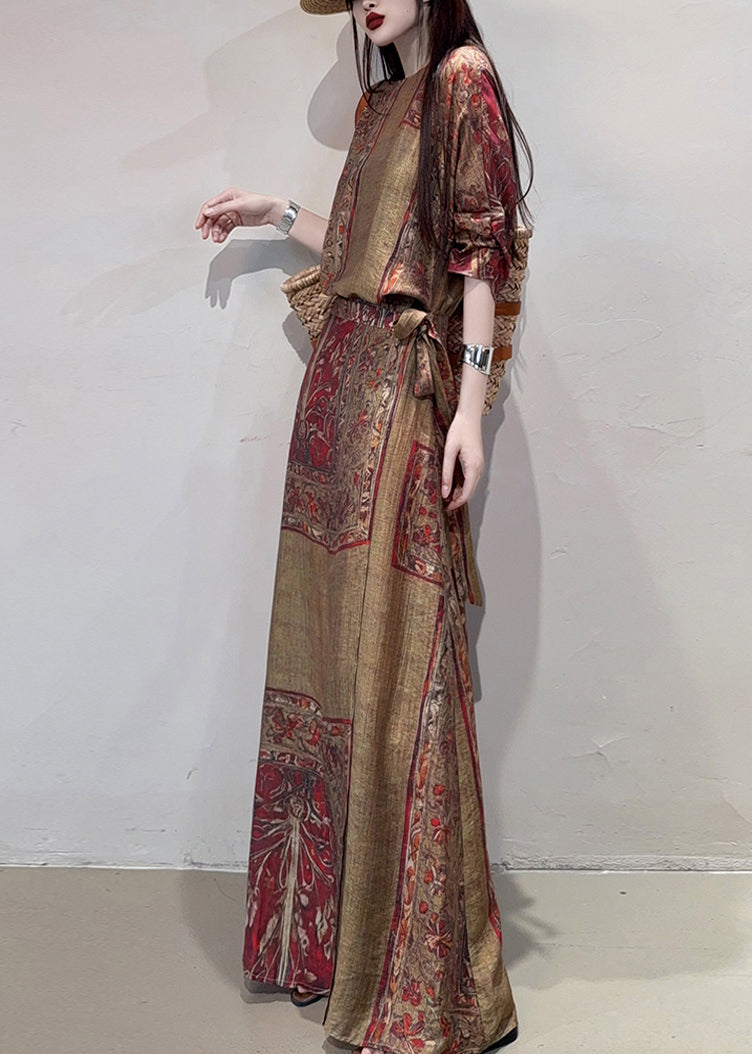 Boho Coffee Holiday Dress Cinched Print Linen Summer