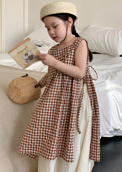 Boho Coffee Plaid Square Collar Side Open Tie Waist Cotton Kids Girls Long Dress Summer GF002