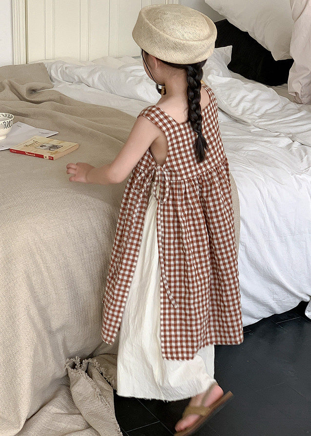 Boho Coffee Plaid Square Collar Side Open Tie Waist Cotton Kids Girls Long Dress Summer GF002