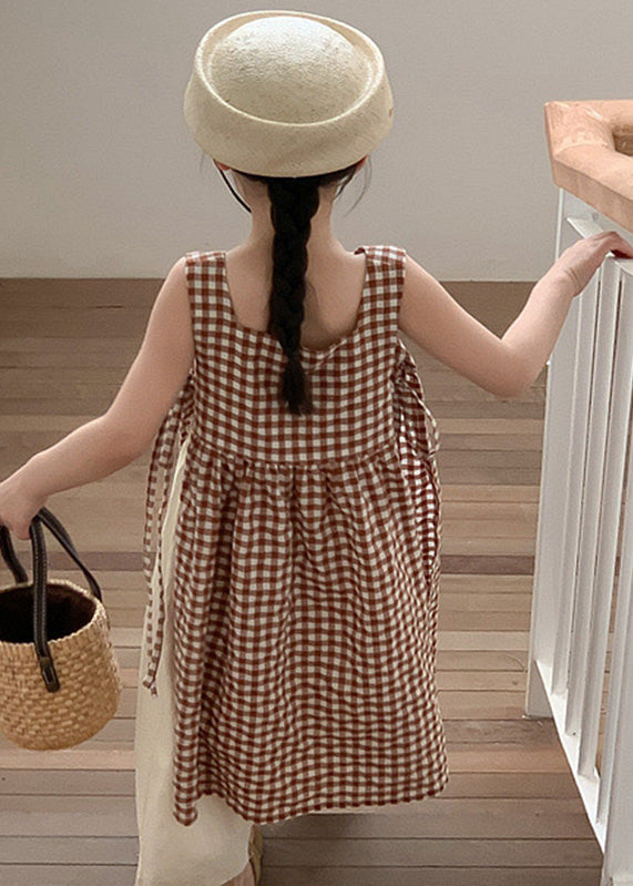 Boho Coffee Plaid Square Collar Side Open Tie Waist Cotton Kids Girls Long Dress Summer GF002