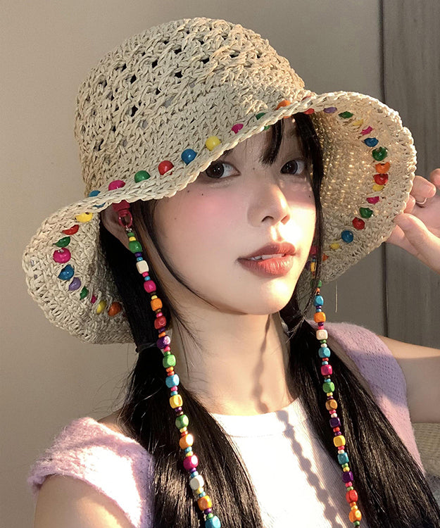 Boho Colorful Wooden Bead Hollowed Out Large Brim Sun Hat WB032