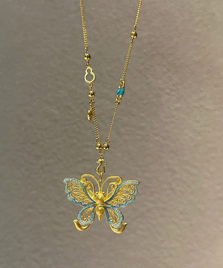 Boho Gold Sterling Silver Overgild Butterfly Hollow Out Pendant Necklace PO056