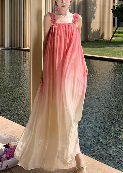 Gradient Wrinkled Boho Strap Dress Spaghetti Color Backless