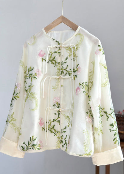 Boho Green Embroidered Button Organza Shirts Fall AG1039