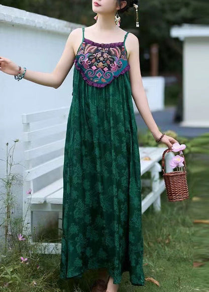 Boho Green Embroidered Jacquard Silk Spaghetti Strap Dress Sleeveless WW1015