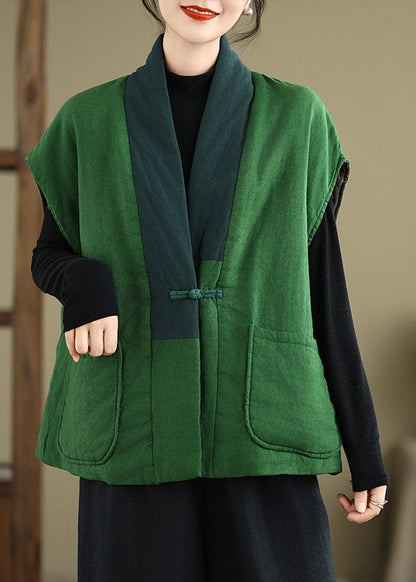 Boho Green V Neck Pockets Patchwork Fine Cotton Filled Vest Winter RU043