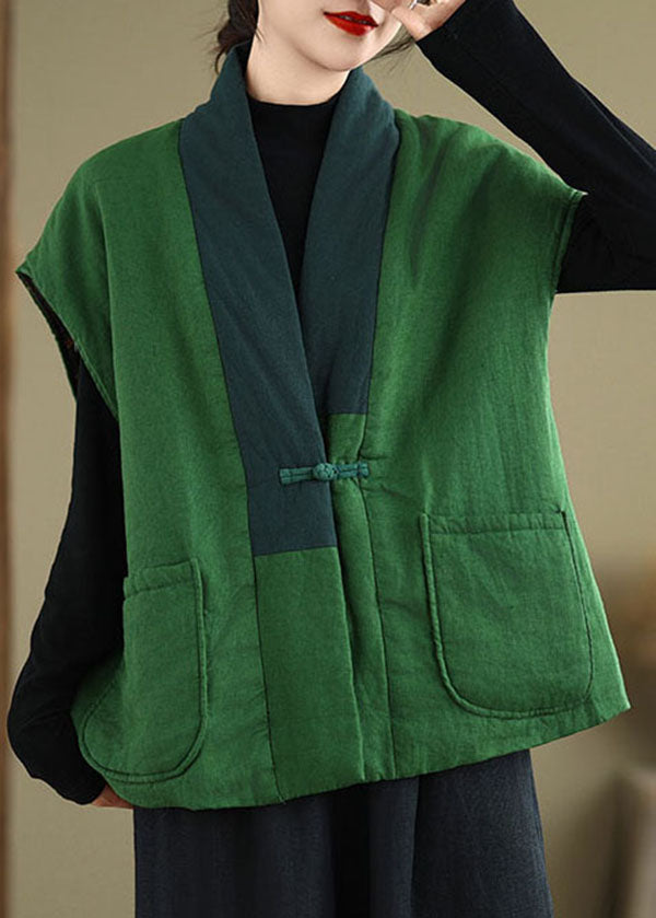 Boho Green V Neck Pockets Patchwork Fine Cotton Filled Vest Winter RU043