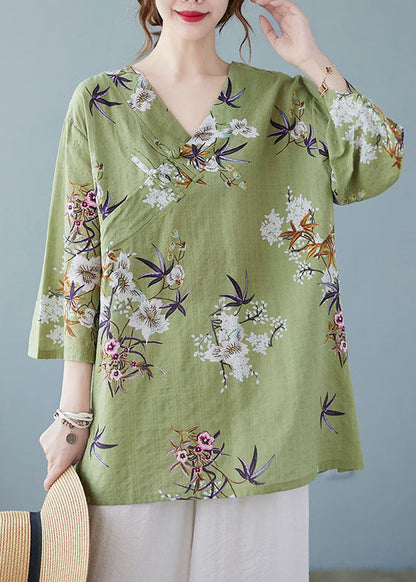 Boho Green V Neck Print Cotton Shirt Tops Bracelet Sleeve FF011